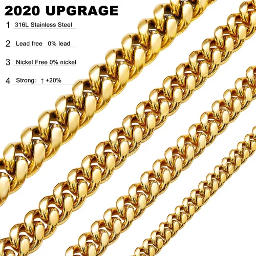 Vista 6 de Collar o pulsera de eslabones cubanos con cierre de caja de diseño para hombres de 0.236 in, 0.315 in, 0.394 in, 0.472 in, 0.591 in, 0.709 in, oro