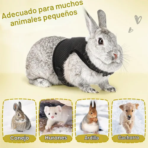 Vista 5 de PETTOM Arnés para conejos con correa elástica, lindo arnés ajustable con hebilla, chaleco de malla transpirable para gatitos y mascotas pequeñas