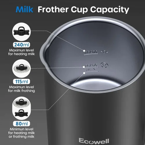 Vista 5 de ECOWELL Espumador de leche automático y vaporizador, espumador eléctrico 4 en 1 para café con leche, máquina de chocolate caliente, espuma fría