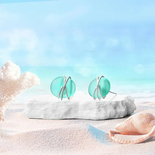 Vista 3 de Sea Glass Earrings S925 Sterling Silver Hypoallergenic Handmade Stud Post Earrings Beach Glass Fashion Handcraft Jewelry earrings stud earrings from