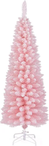 Vista 17 de GOFLAME - Árbol de Navidad artificial de 6 pies con luces LED blancas cálidas preiluminadas, árbol de Navidad con flecos de nieve, 435 puntas