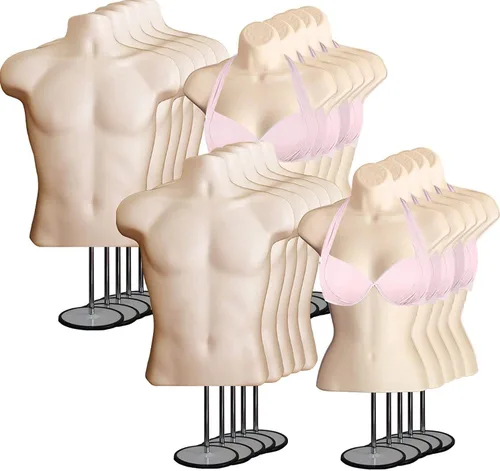 Vista 15 de Maniquí de torso masculino y femenino con soporte de metal, cuerpo con respaldo hueco, apilable, forma de vestido para exhibición de camisetas Negro