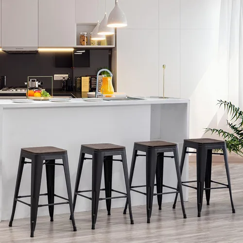 Vista 4 de Juego de 4 taburetes de bar de metal sin espalda de 24 pulgadas, apilables, industriales, para taburetes de isla de cocina, con asiento de madera