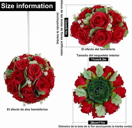 Vista 7 de Bolas de flores para mesas de boda, 6 piezas de flores artificiales rojas de 10.6 pulgadas para centros de mesa, arreglos de rosas falsas