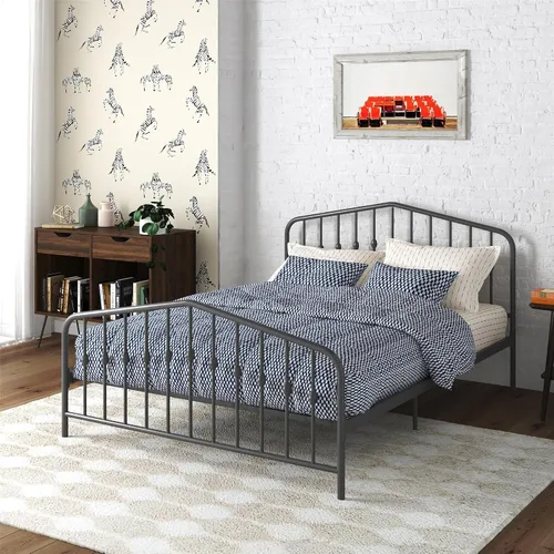 Vista 29 de Novogratz Bushwick - Marco de cama Queen de metal con cabecera ligeramente triangular, husillos insertados, base ajustable para almacenamiento,