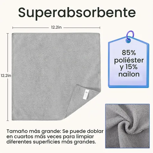 Vista 2 de Paños de limpieza de microfibra multiusos, paquete de 12, 16 Gris