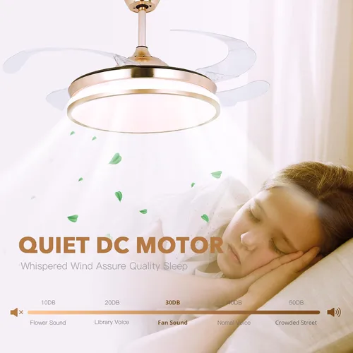 Vista 3 de STERREN Ventilador de techo retráctil dorado con luces, ventilador de techo LED moderno de perfil bajo sin aspas de 42 pulgadas para dormitorio