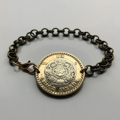 Vista 3 de Pulsera de monedas de 10 pesos 2022 México Calendario azteca de piedra del sol Escultura mexicana Tnatiuh Tlaltecuhtli Yohualtecuhtli Tenochtitlan