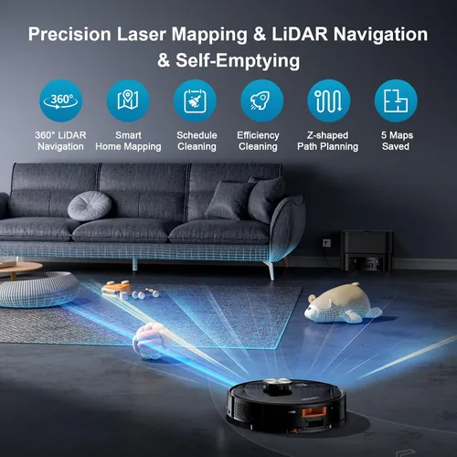 Vista 2 de Robot aspiradora y trapeador, succión de 11500 Pa, aspiradora robótica 3 en 1 con navegación inteligente LiDAR, 90 días de autovaciado, 160 minutos