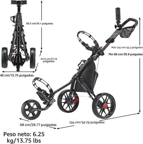 Vista 2 de Caddytek CaddyLite 11.5 V3 Carrito de Golf Push - Carrito de Bolsa de Golf Plegable de Aluminio Ligero de 3 Ruedas con Marco de Cuatro Pliegues