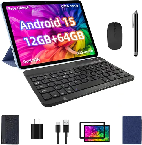 Vista 7 de TUOHAITIME Tablet Android 15, 12GB+64GB+1TB Expand, paquete de tablet de 10" con funda para teclado, lápiz capacitivo, CPU octa-core, cámara dual