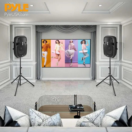 Vista 6 de Pyle Conjunto de 2 soportes universales para altavoces - Juego de trípode ajustable y duradero con pin de seguridad de bloqueo, altura telescópica
