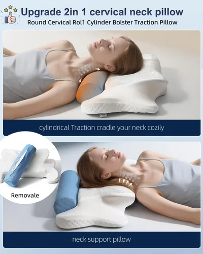 Vista 4 de Almohadas cervicales para el cuello con cilindro de rodillo cervical redondo y almohada de tracción de refuerzo (2 en 1 extraíble) Almohada