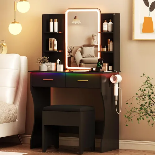 Vista 16 de Escritorio de tocador con espejo iluminado HD y luces, pequeño tocador de maquillaje acanalado con cajones y estantes de almacenamiento, juego