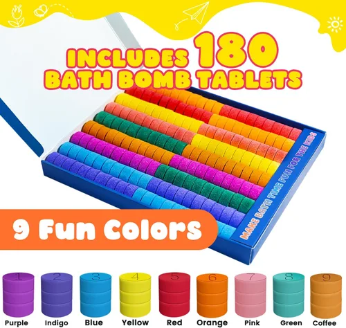 Vista 2 de Bombas de baño para niños, niños y niñas, set de regalos para el día de San Valentín, 180 mini tabletas de color en 9 colores brillantes para arte