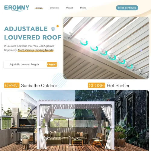 Vista 3 de EROMMY Pérgola con Persianas de 10x10 Pies, Refugio de Sombra Solar para Exteriores con Marco de Aluminio y Techo de Metal Ajustable Resistente a