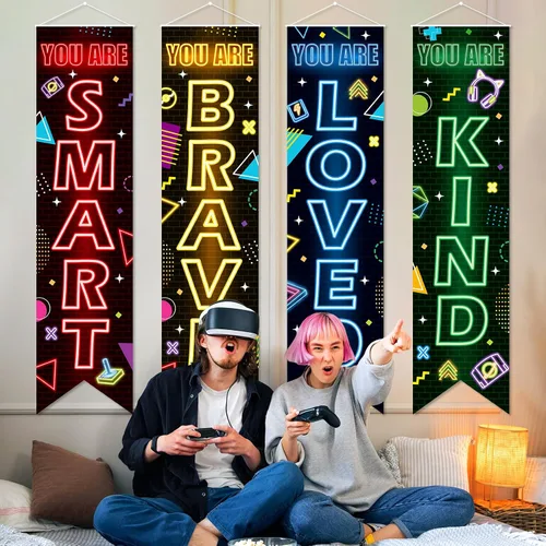 Vista 2 de 4 piezas de decoración de fiesta de videojuegos, pancartas colgantes de videojuegos para niños, letreros de neón para colgar fondos, fondo de juego