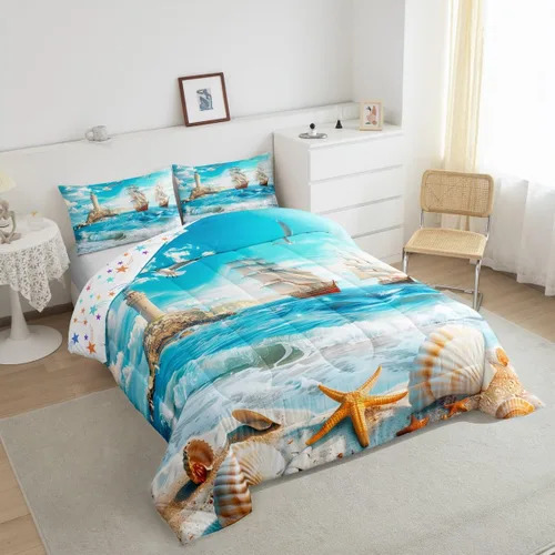 Vista 4 de Castle Fairy Juego de edredón de verano para niños, tamaño individual, diseño náutico reversible con diseño náutico de estrellas de mar, barco y Azul