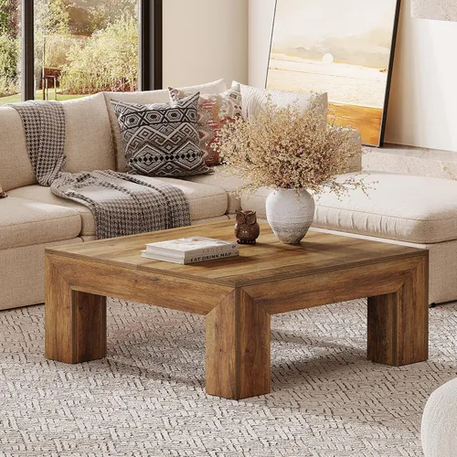 Vista 3 de Tribesigns - Mesa de café cuadrada estilo granja para sala de estar, mesa de centro baja grande de 39.37 pulgadas con patas resistentes, fácil Marrón