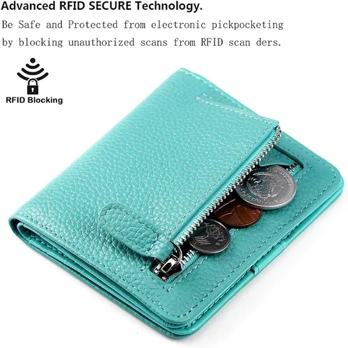 Vista 3 de Funtor Cartera de cuero para mujer, pequeña y compacta, con bolsillo doble, bloqueo RFID, para mujer