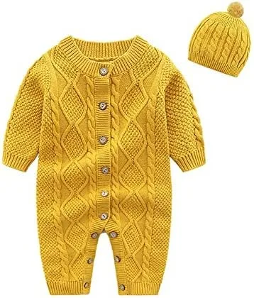 Vista 7 de Conjunto de suéter de punto para bebé recién nacido de algodón de manga larga con gorro cálido de invierno para niños