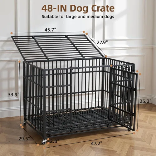 Vista 2 de VOWNER Jaula de perro indestructible resistente de 48 pulgadas, jaula para perros a prueba de escapes con 4 ruedas con cerradura, jaula para perros