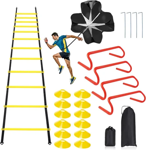 Vista 6 de Juego de Equipo de Entrenamiento de Velocidad y Agilidad, Incluye Escalera de Agilidad de 20 pies con 12 peldaños, 4 Obstáculos de Agilidad, 12