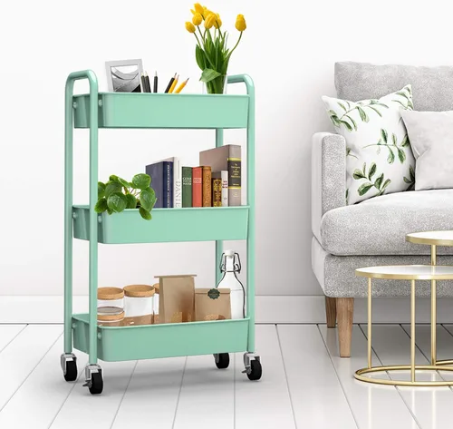 Vista 4 de CAXXA Organizador de almacenamiento de metal con ruedas de 3 niveles, carrito de utilidad móvil, carrito de cocina con ruedas giratorias