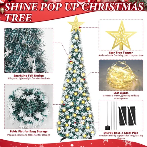 Vista 2 de Árbol de Navidad de escarcha desplegable de 1.5 m con 50 luces LED y control remoto, con estrella en la parte superior, fácil de montar con soporte