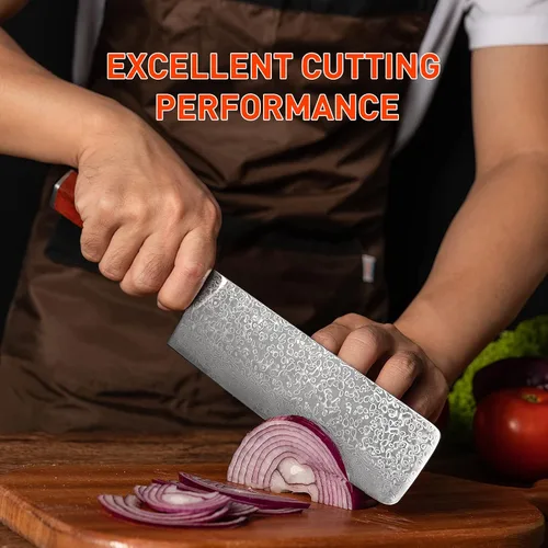 Vista 5 de Nakiri - Cuchillo de chef chino de acero de Damasco de 7 pulgadas, VG-10, 67 capas de acero de Damasco, picador profesional de verduras de Damasco