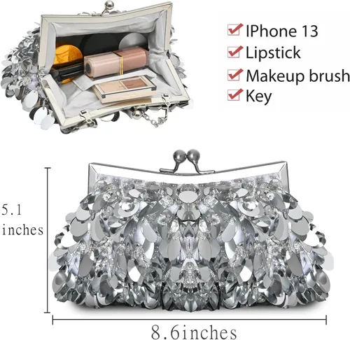 Vista 2 de Euarnalie Bolso de mano de lentejuelas para boda, brillante, para noche, baile de graduación, cóctel, fiesta, bolsos