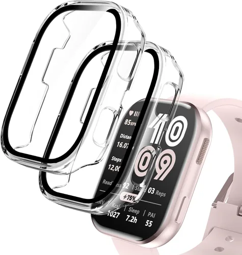 Vista 8 de Paquete de 2 fundas compatibles con Amazfit Bip 6, protector de pantalla de vidrio templado con cubierta de policarbonato duro, a prueba de golpes