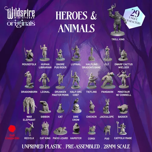Vista 3 de Wildspire Heroes, NPC Animal Companions & Troll King para miniaturas DND a granel 1.102 in DND Minis Calabozos y Dragones Miniaturas D&D Miniaturas