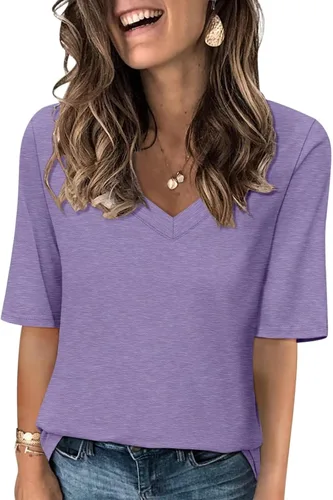 Vista 25 de Minetom Camisetas de verano básicas de media manga con cuello en V para mujer