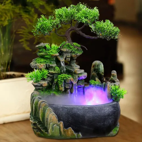 Vista 14 de Fuente de agua de mesa, mini fuente de cascada silenciosa con luces LED coloridas y atomizador, silenciosa rocalla de escritorio para relajación