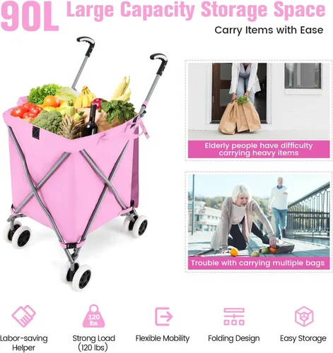Vista 3 de GOFLAME Carrito de compras plegable con ruedas, carrito de comestibles impermeable con cubierta extraíble y ruedas giratorias de 360°, carrito Rosa