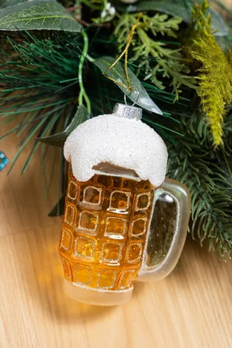 Vista 4 de Paquete de 2 adornos de cerveza de vidrio soplado a mano para árbol de Navidad, vidrio pintado a mano, paquete de 6 adornos de cerveza y adorno