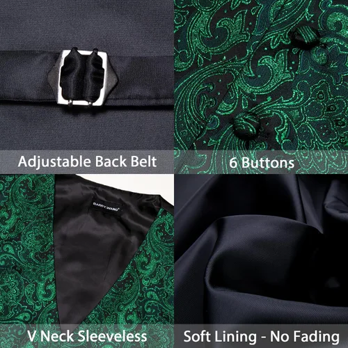 Vista 5 de Barry.Wang Chaleco de traje para hombre formalocio Paisley Jacquard seda corbata bolsillo cuadrado chaleco conjunto boda 5PCS