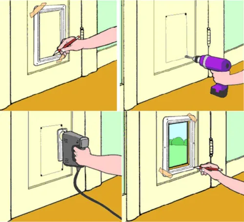 Vista 5 de Xiaoyu Puerta y solapas interiores para perros y gatos, con 4 vías, color marrón, grande