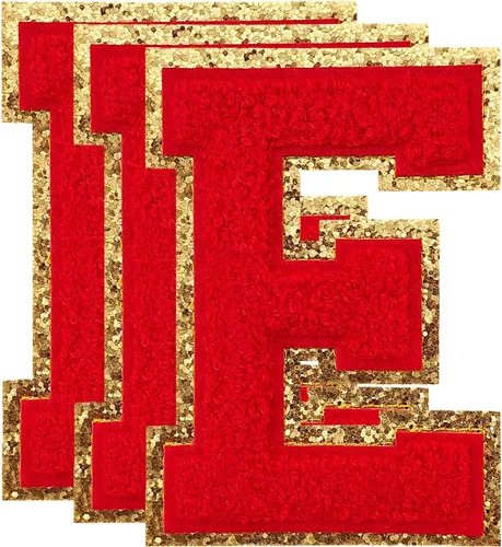 Vista 75 de 3 parches de letras de felpilla roja, parches de letras termo-adhesivas de 4-1/2" con brillantina para ropa, S