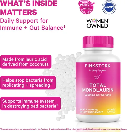 Vista 2 de Pink Stork Suplemento total de monolaurina para la salud intestinal, náuseas matutinas, apoyo inmunológico y salud vaginal para mujeres, bienestar