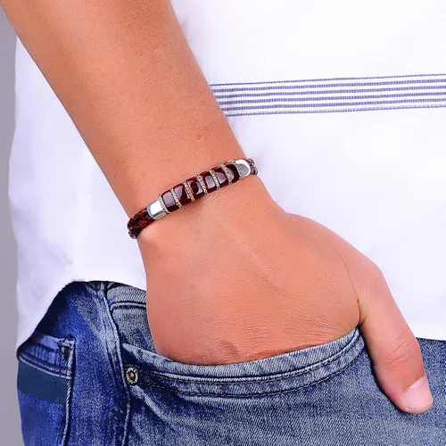 Vista 2 de Pulsera de cuero para hombre, pulsera de piedra de rubí natural de plata, regalo de aniversario único para hombres pulsera vintage, pulsera de plata