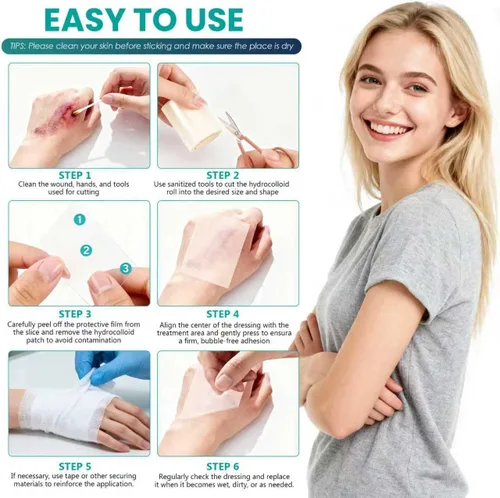 Vista 6 de Rollo hidrocoloide para el cuidado de heridas, vendajes hidrocoloides de grado médico, apósito de parche autoadhesivo cortado a medida, cinta