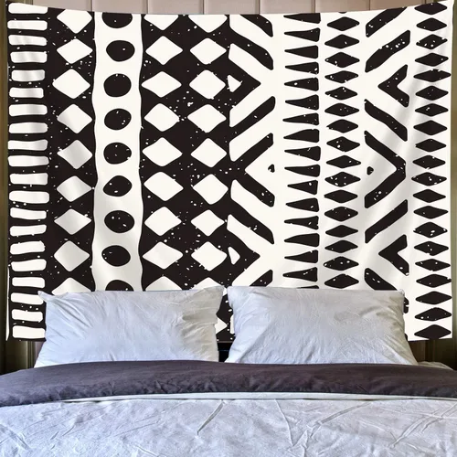 Vista 4 de Tapiz africano de tela de barro, arte para colgar en la pared, diseño tribal afrocéntrico étnico bohemio con elementos geométricos, tapices