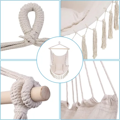 Vista 8 de Silla hamaca colgante de cuerda con borla, máximo 330 libras, 2 cojines incluidos, silla colgante grande de macramé con bolsillo, tejido de algodón