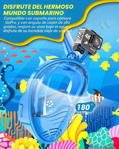 Vista 4 de QingSong Máscara de esnórquel para niños de cara completa, juego de esnórquel con soporte para cámara, plegable, vista panorámica de 180 grados