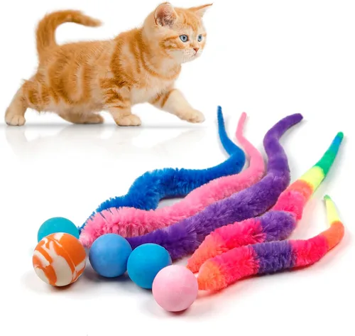 Vista 4 de Pelota hinchable con cola para gatos, 5 paquetes de gusano mágico grande con bola fluorescente de juguete para gatos, colorido gusano mullido