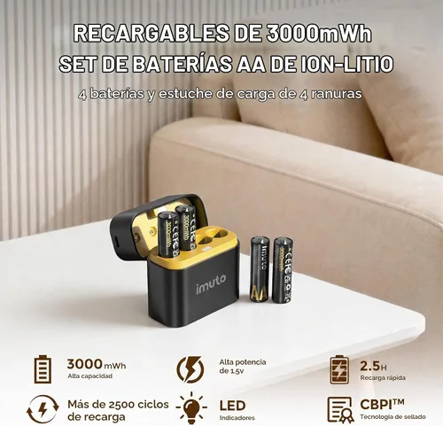 Vista 2 de imuto Baterías AA recargables con cargador, 3000 mWh aa Litio Paquete de 4