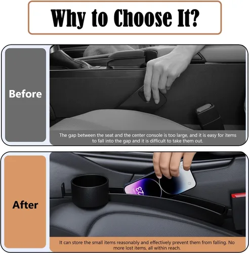 Vista 9 de Organizador de doble ranura para asiento de automóvil con soporte para tazas, tira universal de llenado de huecos para automóvil, paquete de 2