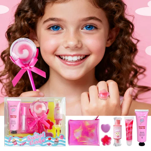 Vista 2 de M&U MAKE YOU UP Juego de brillo de labios para niñas, 11 piezas de cuidado de labios con helado y brillo labial en forma de piruleta